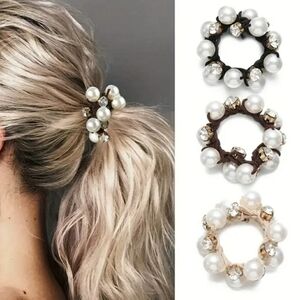 NEW 3-Pc Faux Pearls and Rhinstones Hair Scrunchies